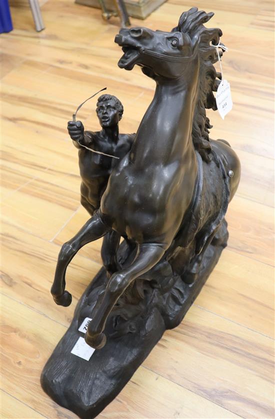 After Coustou. A large bronze Marli horse group, height 60cm